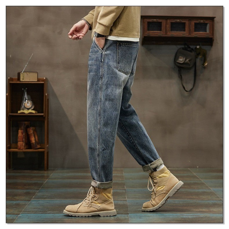 Autumn and Winter Men's Loose 95% Cotton Jeans Retro Yellow Mud  Street Hip-hop Baggy Harem Pants Outdoor Boys Workwear Pants