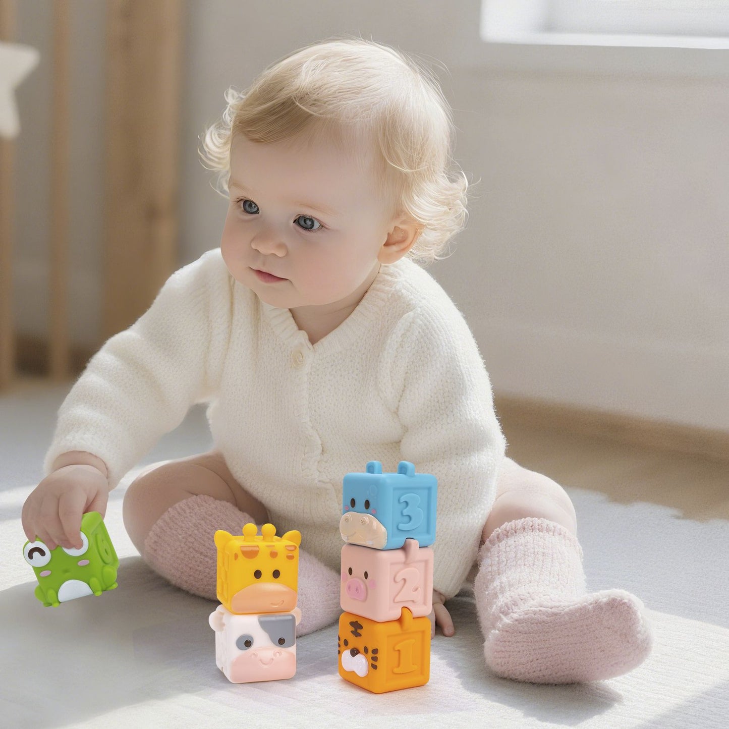 Brinquedos de blocos de montar de silicone macio para bebês Cubo 3D de animais brinquedos de empilhar Brinquedos sensoriais educativos Montessori para bebês Brinquedos de banho