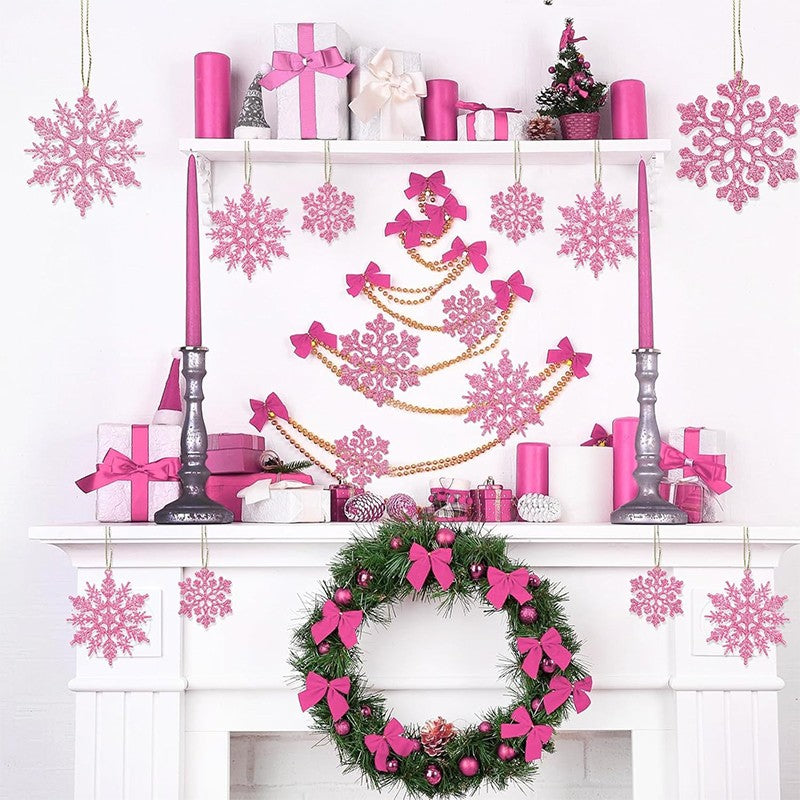12PCS Pink Glitter Plastic Snowflake Decorations 10cm Christmas Tree Hollow Snowflake Pendants New Year Party Festival Supplies