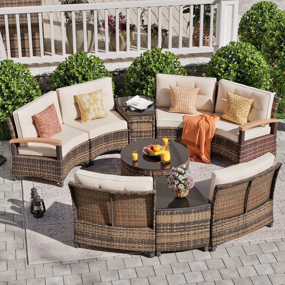 9 Piece Outdoor Patio Furniture Set, Half-Moon Curved Sectional Sofa Rattan Conversation Set with Wood Armrests, Coffee Table