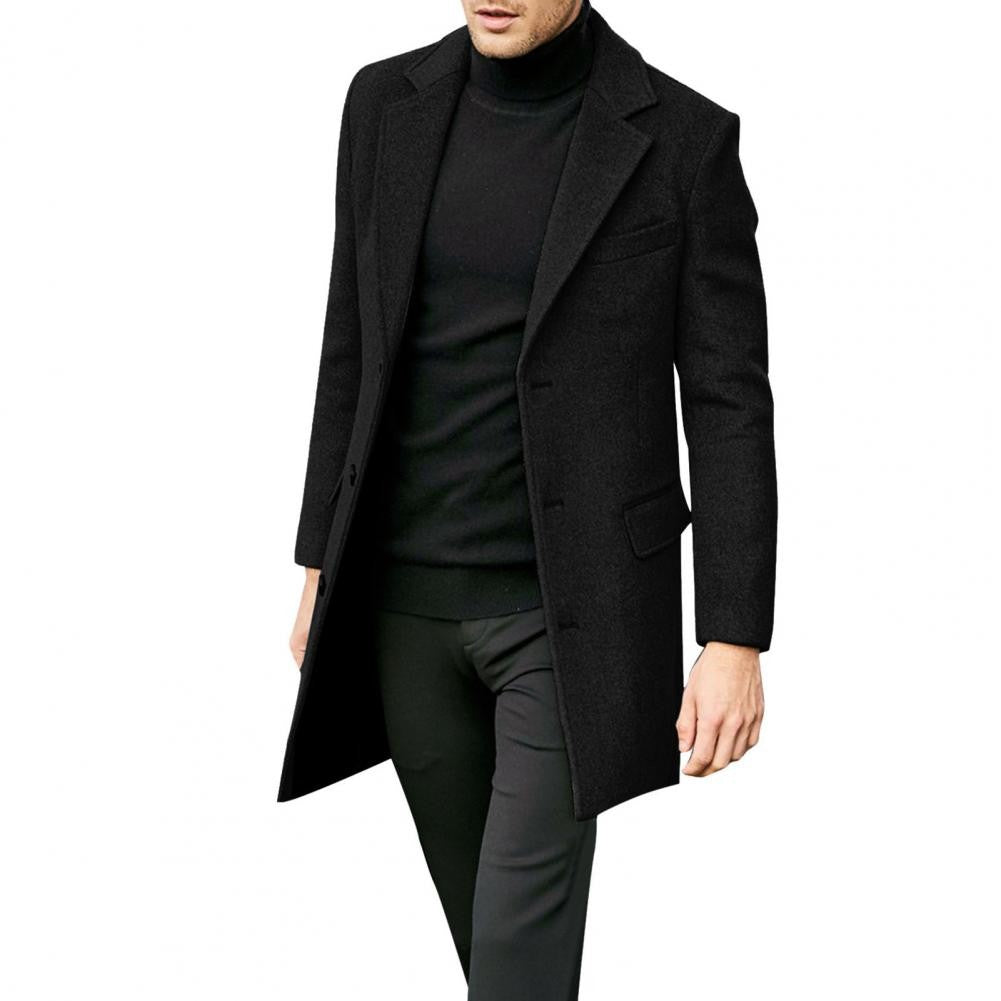 British Style Men Woolen Coat Flap Pockets Single breasted Elegant Men Trench Coat Mid length Long Winter Warm Overcoat