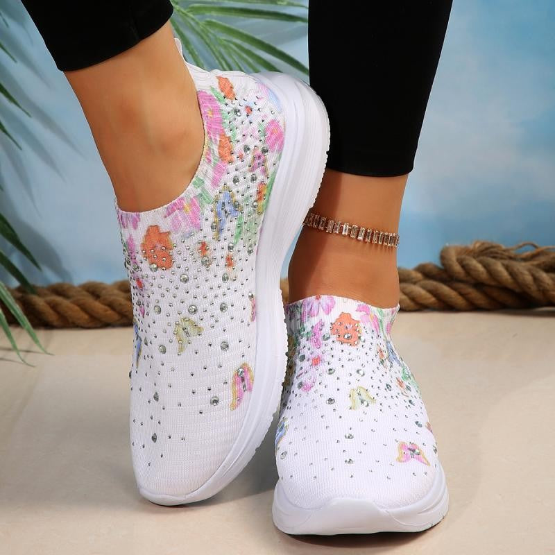 Floral Crystal Decor Slip On Sneakers Women Plus Size 35-43 Breathable Mesh Sports Shoes Woman Comfortable Soft Sole Flats Shoes