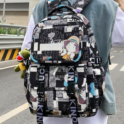 Anime Male and Female High-capacity One Piece Luffy Graffiti Printed Backpack for Middle High Students School Bag