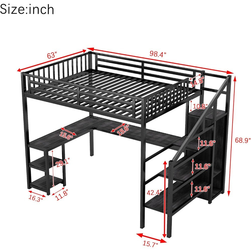Cama Alta para Jogos Queen Size Adulto com Iluminação LED, Estrutura Robusta, Escada, Guarda-Roupa e Armazenamento