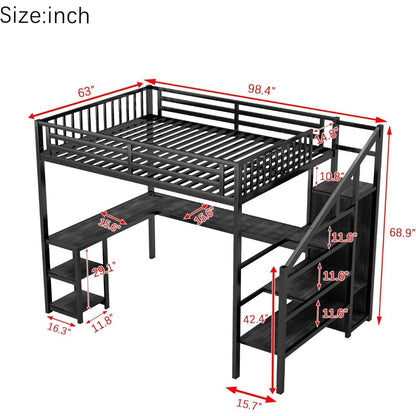 Cama Alta para Jogos Queen Size Adulto com Iluminação LED, Estrutura Robusta, Escada, Guarda-Roupa e Armazenamento