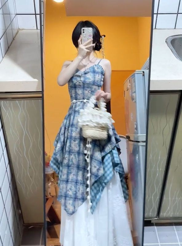 Watercolor Gingham Slip Dress Women 2025 Summer Sweetheart Aesthetic Asymmetric Tie Waist A Line Dreamcore Romance