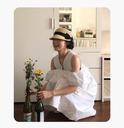 Bow shaped dome grass woven duckbill hat for women, summer outdoor face enhancing small grass hat, sun protection and shading