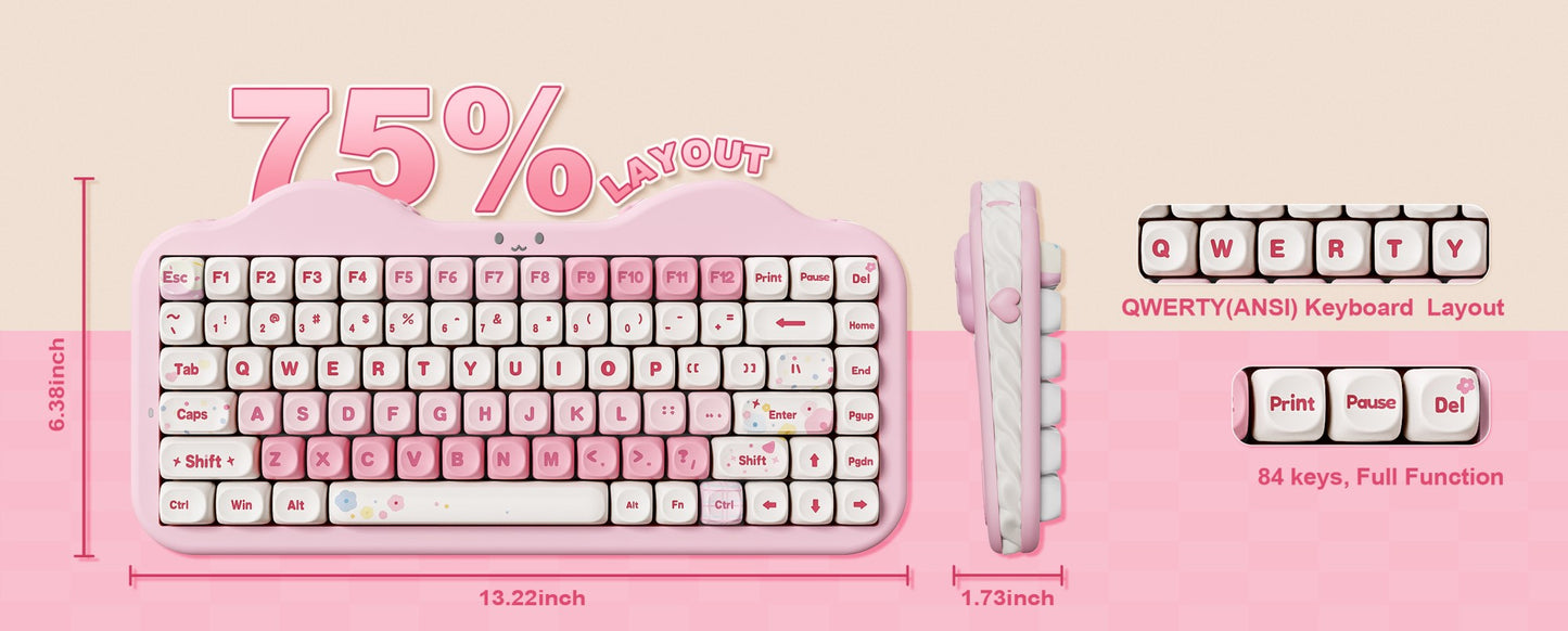 Teclado Mecânico Sem Fio Rosa YUNZII C75, Teclado RGB Hotswap Cremoso 75%, Suporte Gasket Design Cute Cake para Win/Mac/Gaming