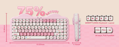 Teclado Mecânico Sem Fio Rosa YUNZII C75, Teclado RGB Hotswap Cremoso 75%, Suporte Gasket Design Cute Cake para Win/Mac/Gaming