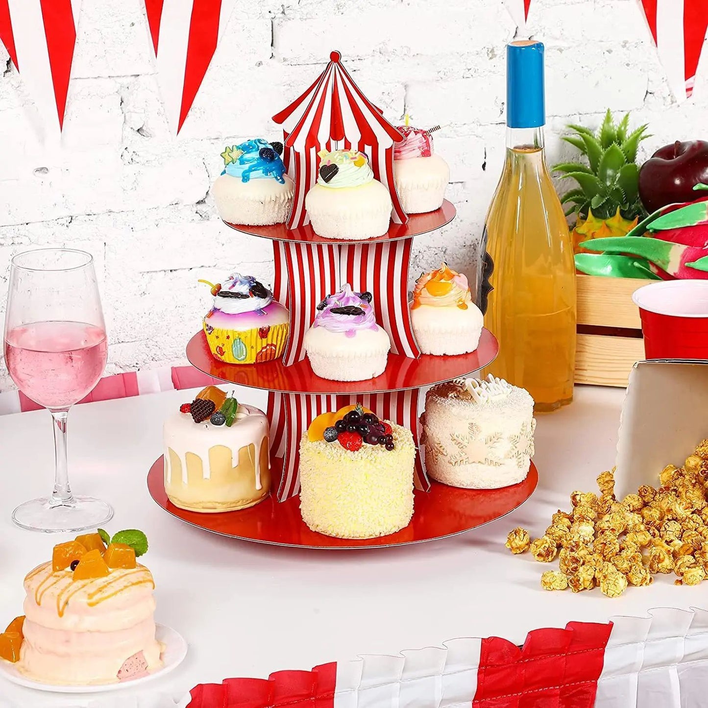 1Set 3 Tier Circus Carnival Paper Cupcake Stand Red Striped Cake Decorating Supplies Dessert Cupcake Stand