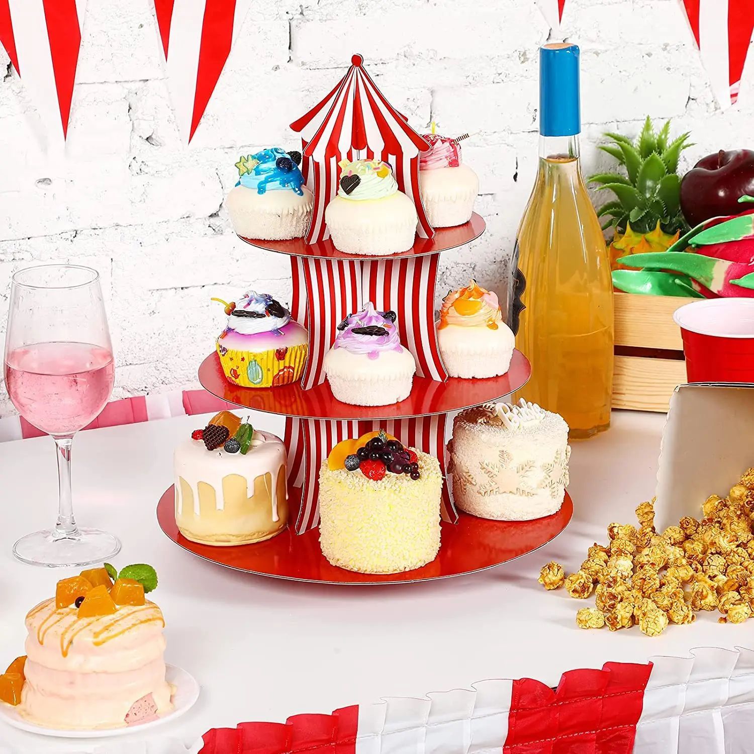 1Set 3 Tier Circus Carnival Paper Cupcake Stand Red Striped Cake Decorating Supplies Dessert Cupcake Stand