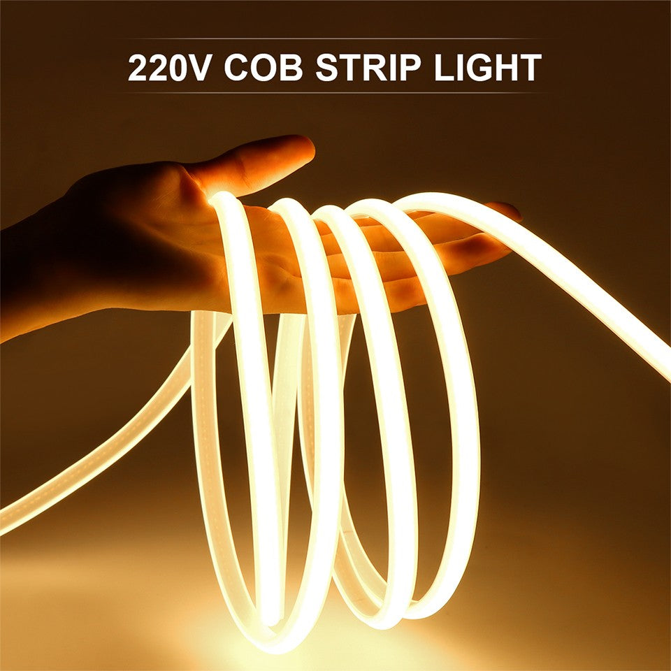 110V 220V Cob LED Tape Outdoor Waterproof Christmas Decor 5/10/20/30M Neon Led Strip with Switch Garden Lights For Kitchen Room