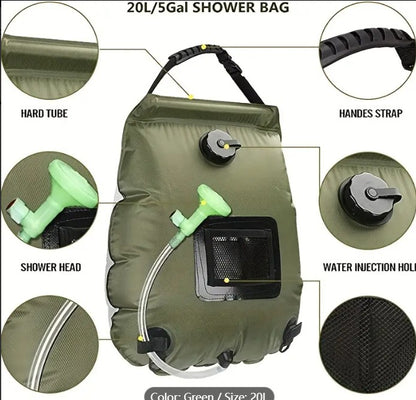 Bolsa de chuveiro para acampamento aquecida a energia solar de 5 galões – Bolsa de banho portátil com mangueira removível e chuveiro comutável, perfeita para ambientes externos