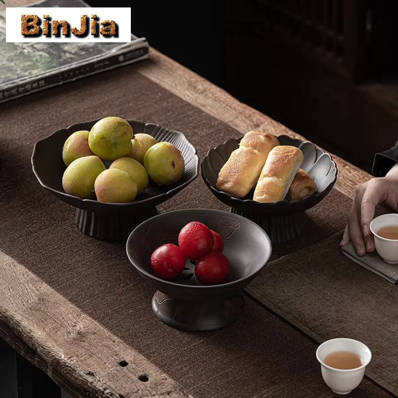 Qingxi Purple Pottery Tea Pastry Plate Handmade High Foot Dried Fruit Snack Large Integrated Drain Dessert Candy Dish Gift