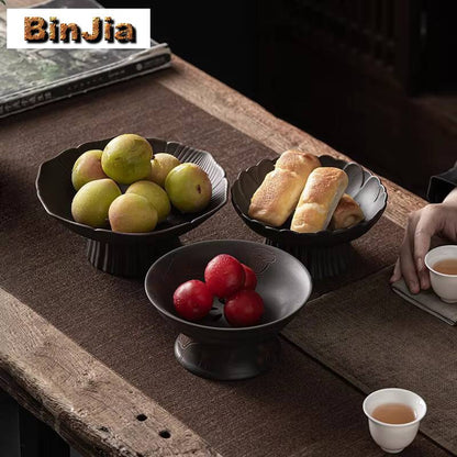 Qingxi Purple Pottery Tea Pastry Plate Handmade High Foot Dried Fruit Snack Large Integrated Drain Dessert Candy Dish Gift