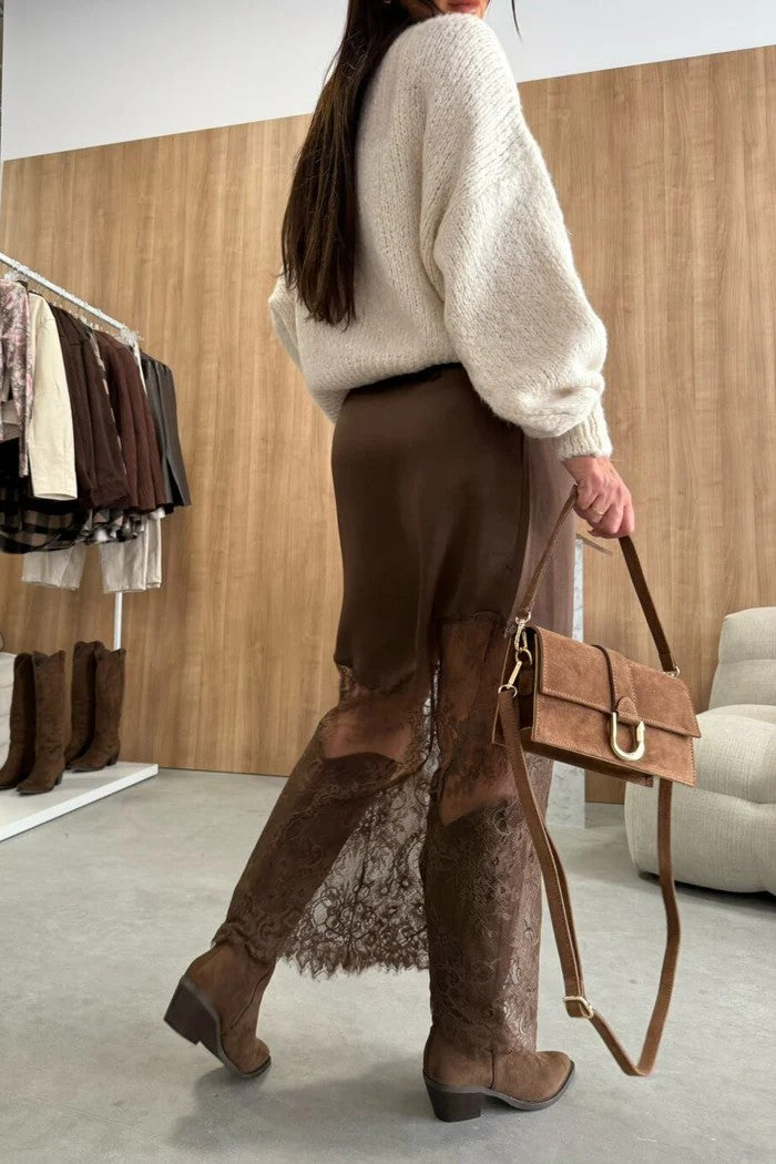 Trendix Women Patchwork Lace Skirts 2025 New High Waist Slim Hollow Out Maxi Skirts Autumn Brown Fashion Party Club Boho Skirt