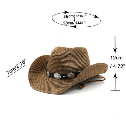 Chapéu de Cowboy Ocidental de Palha Oco para Homens e Mulheres Verão 2023 Chapéu de Sol Elegante Punk Sombrero Hombre Cowgirl Outdoor Jazz Beach