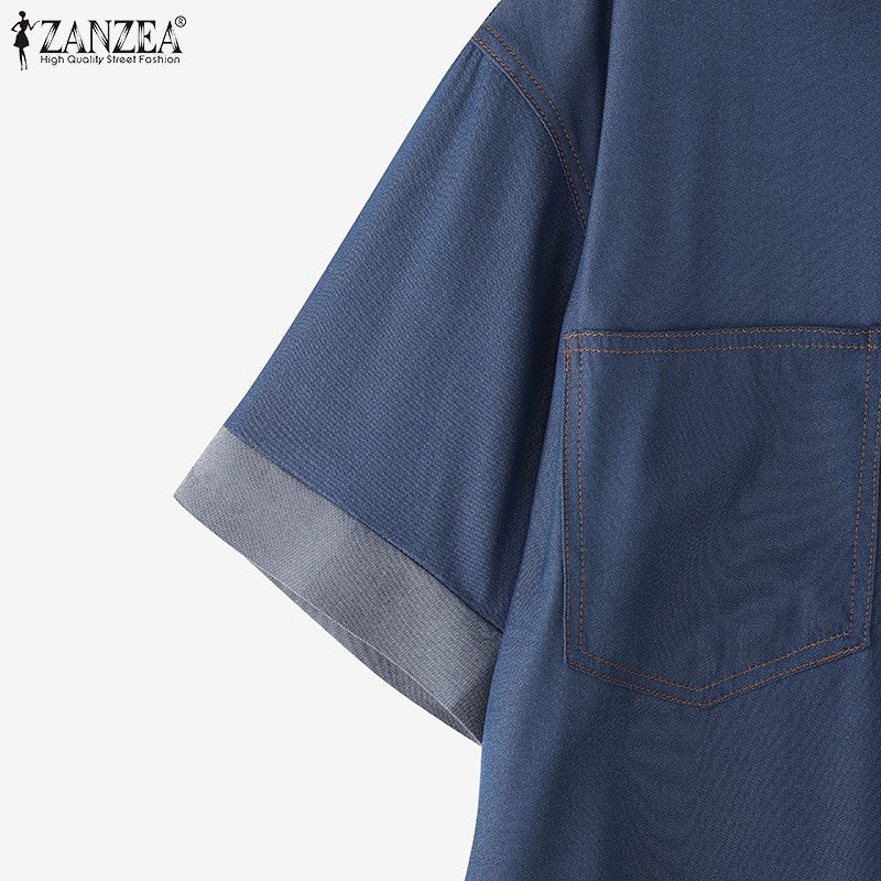 ZANZEA Denim Cardigan Shirts Women Elegant Office Blusas Casual Lapel Neck Outwears 2025 Half Sleeve Solid Color Fashion Tunic