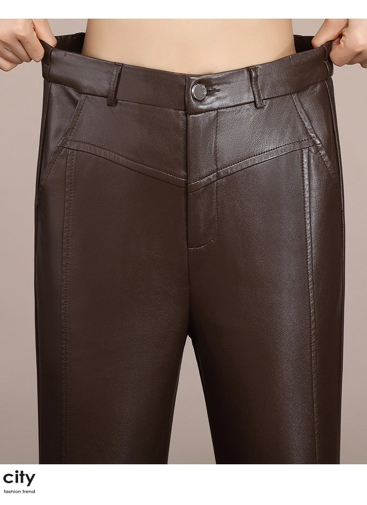 ZUZK Winter Pu Leather Pants New Elastic Waist Straight Pants PU Leather Trousers Large Size Fashion Warm Long Pants