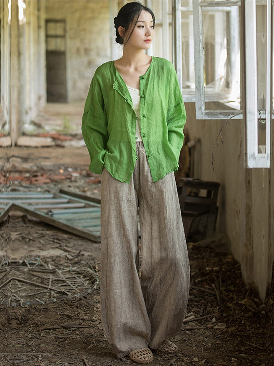 Elegant Women's Cotton Linen Baggy Cargo Pants Vintage Elastic Waist Yoga Trousers Loose Casual Long Wide Leg Oversize Clothes