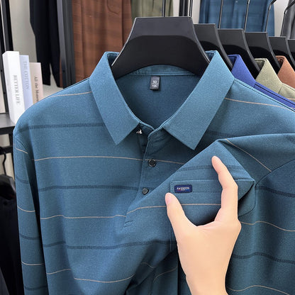 2025 long sleeved men's spring and autumn collar striped pullover top with loose pockets polo shirt