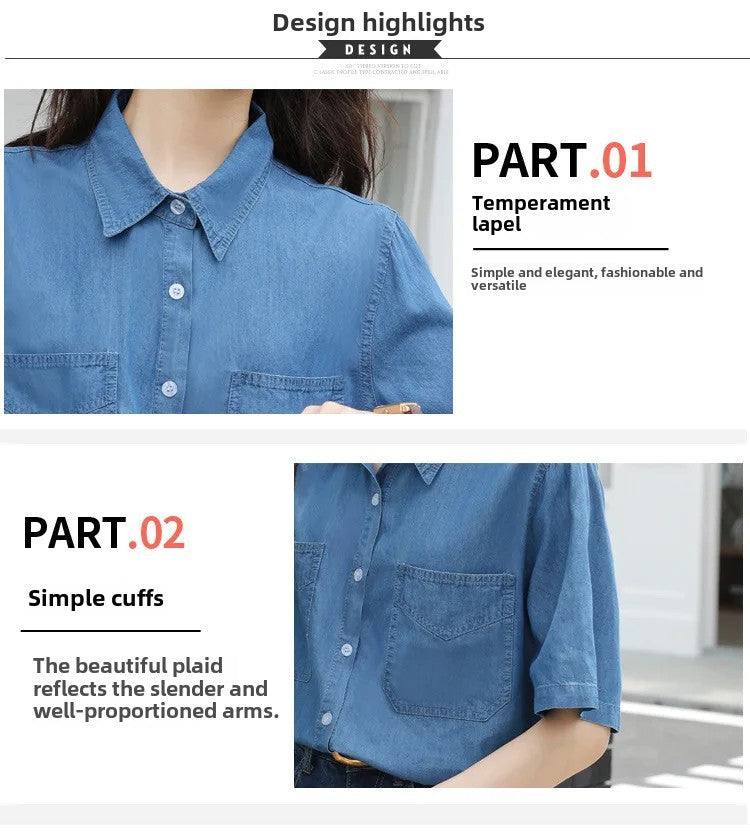 Vintageblueshort Sleeves Thin Denim Shirt 2024 Summer New Casual Loose-Fit Hong Kong Style Petite Top For Women