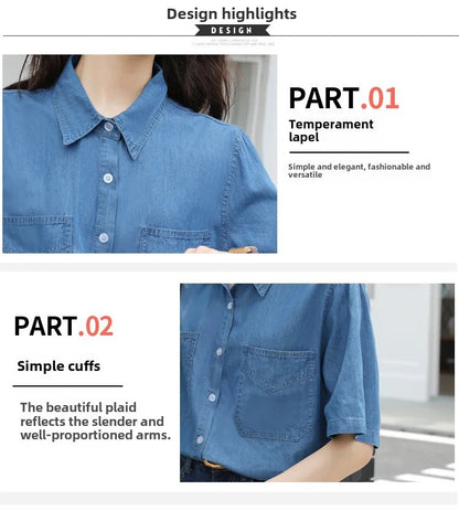 Vintageblueshort Sleeves Thin Denim Shirt 2024 Summer New Casual Loose-Fit Hong Kong Style Petite Top For Women