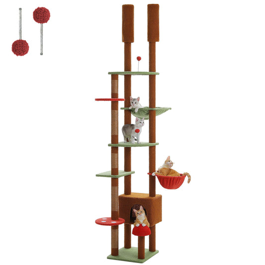 Árvore de Gato do Chão ao Teto Torre para Gatos de Altura Ajustável com Condomínio de Gato Rede Aconchegante e Arranhador Árvore de Atividades Alta Marrom