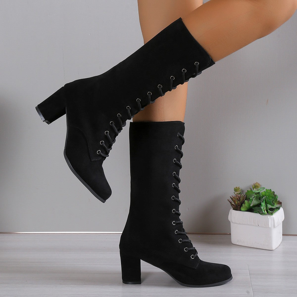 Winter Women Boots Shoes Fashion Vintage Lace-up Boots Women Round Cowboy High Heels Booties Shoes Woman Botas Mujer