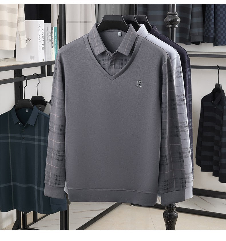 TFETTERS Business Men Polo Shirt 2025 Fashion Casual Slim Long Sleeve T Shirt Men Pullover Printed Plaid Shirts for Man Clothing