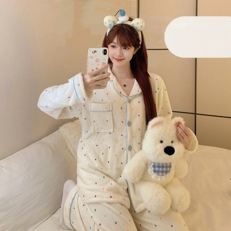 Autumn Winter New Pajamas Lapel Neck Long Sleeve Colourful Dot Print Warm Sleepwear Thick Casual Pajamas Coral Fleece Two-Piece
