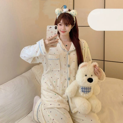 Autumn Winter New Pajamas Lapel Neck Long Sleeve Colourful Dot Print Warm Sleepwear Thick Casual Pajamas Coral Fleece Two-Piece