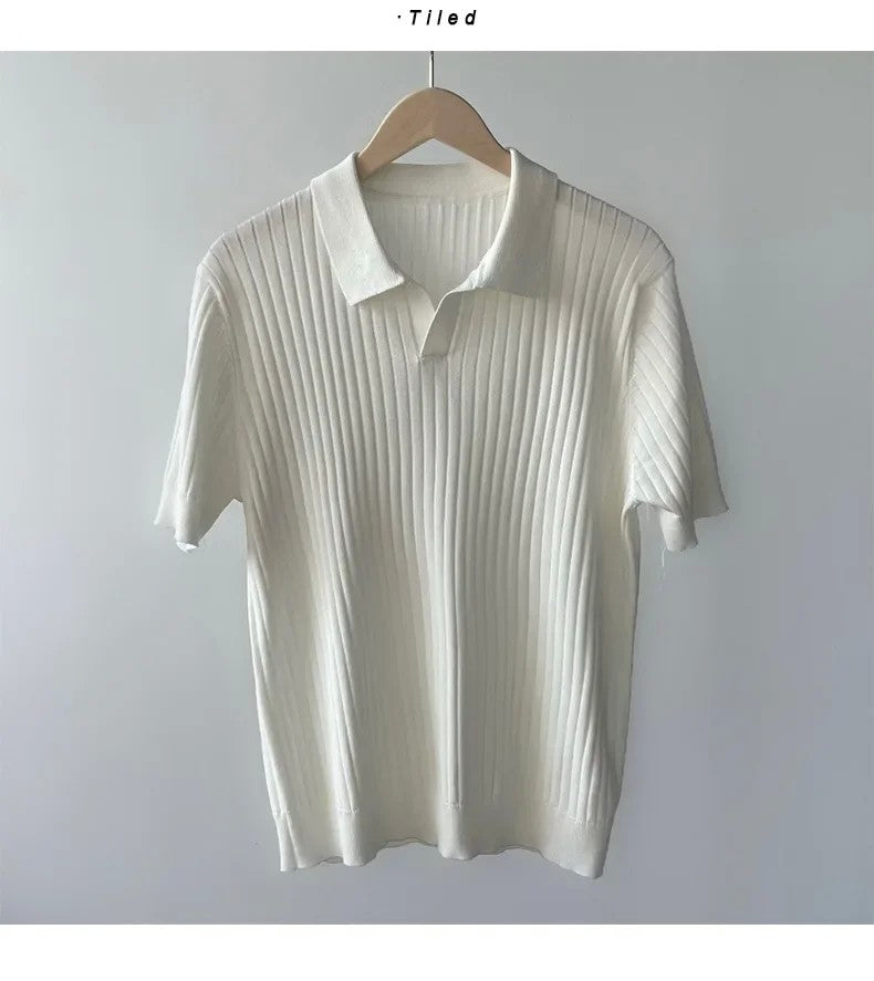 Trendy Polo Shirt For Men Summer Solid Color Top Versatile Knit Style Korean Short Sleeves Casual Fashion T-shirt