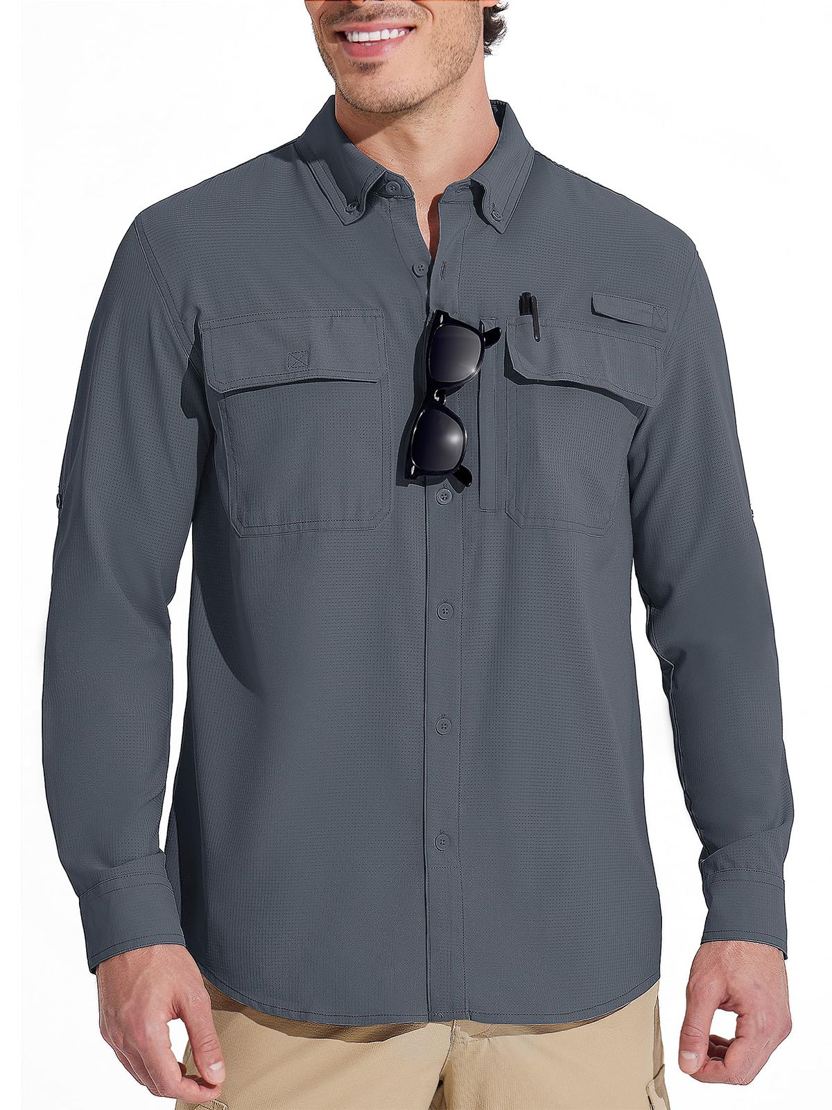 MAGCOMSEN Sun Protection Shirt Quick Dry Long Sleeve Mesh Breathable Shirt Multi Pockets Fishing Shirts Hiking Work Cargo Shirts