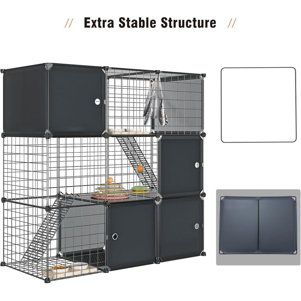Recinto Multifuncional para Gatos de 3 Níveis: Cercadinho Interno/Externo com Caixa de Areia e Gaiola de Metal Destacável
