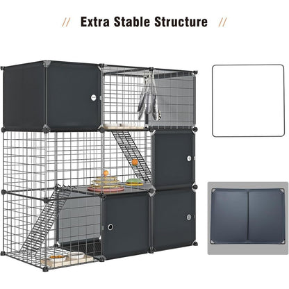 Recinto Multifuncional para Gatos de 3 Níveis: Cercadinho Interno/Externo com Caixa de Areia e Gaiola de Metal Destacável