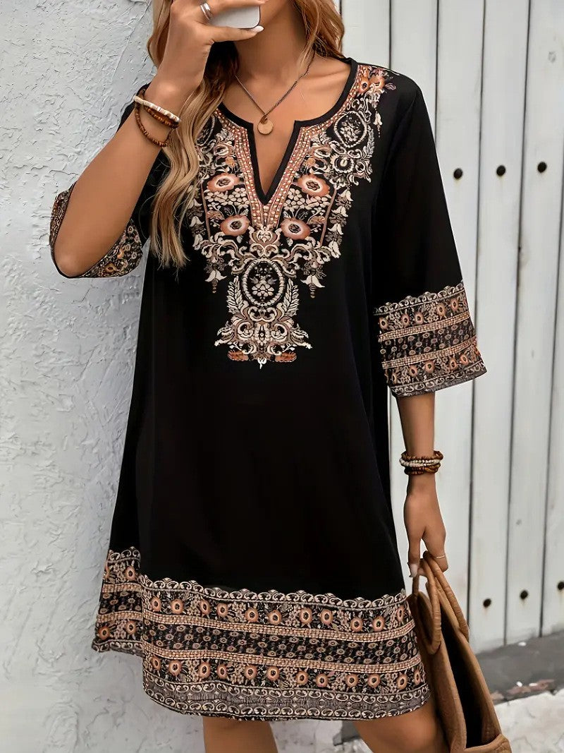 Women's Clothes Casual print Short Sleeve V-Neck Waist Cinched Dress summer vintage New Female Fashion Loose Mini Dresses 2025