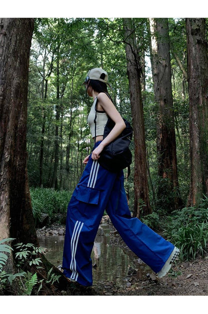 Women Casual Baggy Stripe Cargo Pants Solid Low Waist Joggers Pants Drawstring Wide Leg Baggy Trousers Y2K Streetwear Sweatpants