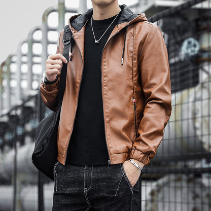 2025 Trending Men's Leather Jacket, Hooded Slim Fit Korean Style Biker Casual Coat