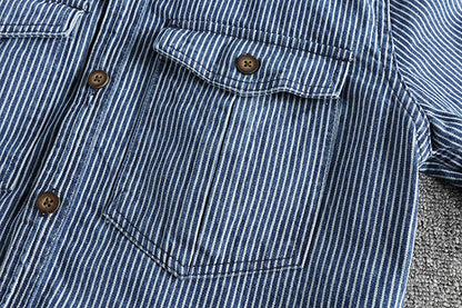 Autumn New American Retro Long Sleeved Lapel Denim Striped Cargo Shirt Men's Simple 100% Cotton Washed Old Casual Blouses Coat