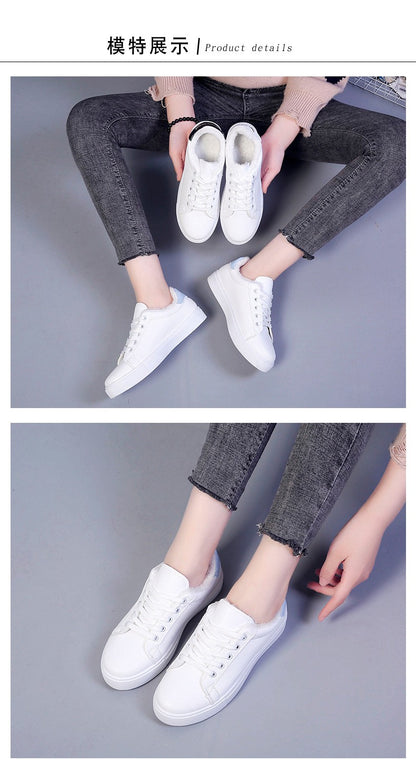 Tênis Feminino de Inverno, Quente, Pelúcia, Sola Vulcanizada, Plataforma, Algodão, Cadarço, Branco, Com Pelúcia, Casual