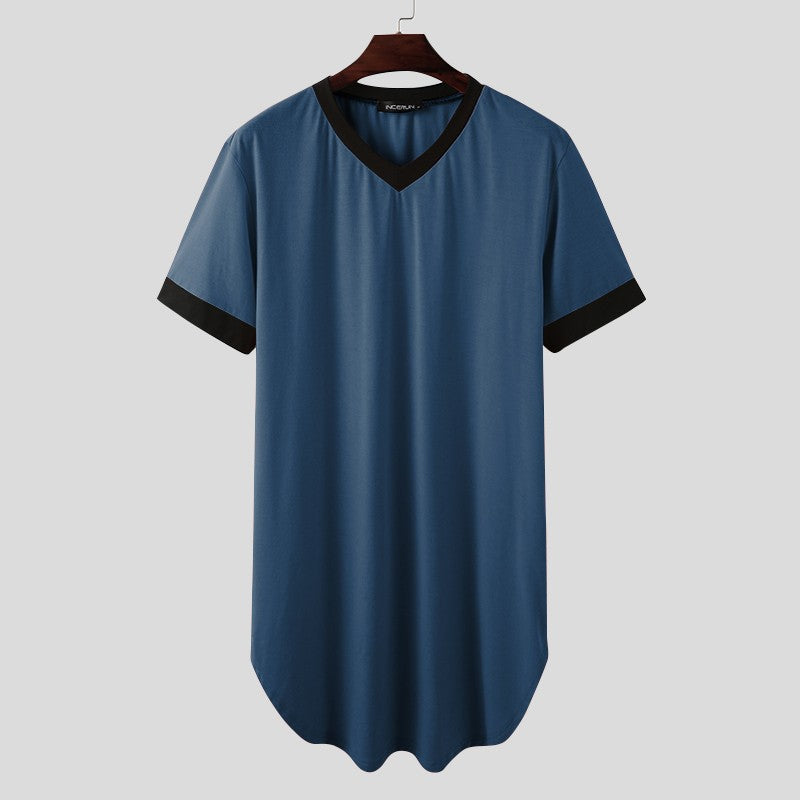 INCERUN 2024 Men Sleep Robes Short Sleeve V Neck Nightgown Patchwork Cozy Homewear Fashion Loose Mens Bathrobes Dressing Gown
