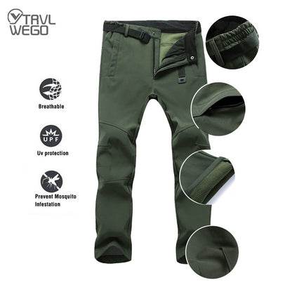 TRVLWEGO Winter Men Camping Hiking Pants Tactic Travel Soft Shell Warm Waterproof Fleece Windproof Outdoor Trekking Trousers