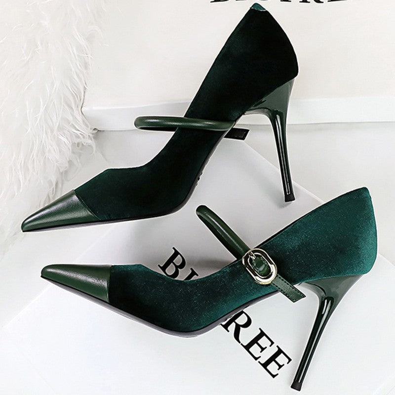 Korean Version Party 10cm 7cm High Heels Women Shoes Thin Heels Velvet Shallow Montage Pointed Toe Metal One-line Buckle Pumps