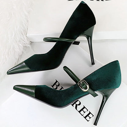 Korean Version Party 10cm 7cm High Heels Women Shoes Thin Heels Velvet Shallow Montage Pointed Toe Metal One-line Buckle Pumps