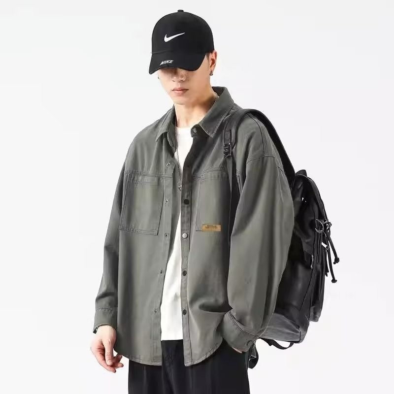 Autumn Men's Long Sleeve Cargo Shirt Casual Korean Fashion Oversize Blouses Hombre 2025 New High Street Y2K T Shirt Baggy Jacket