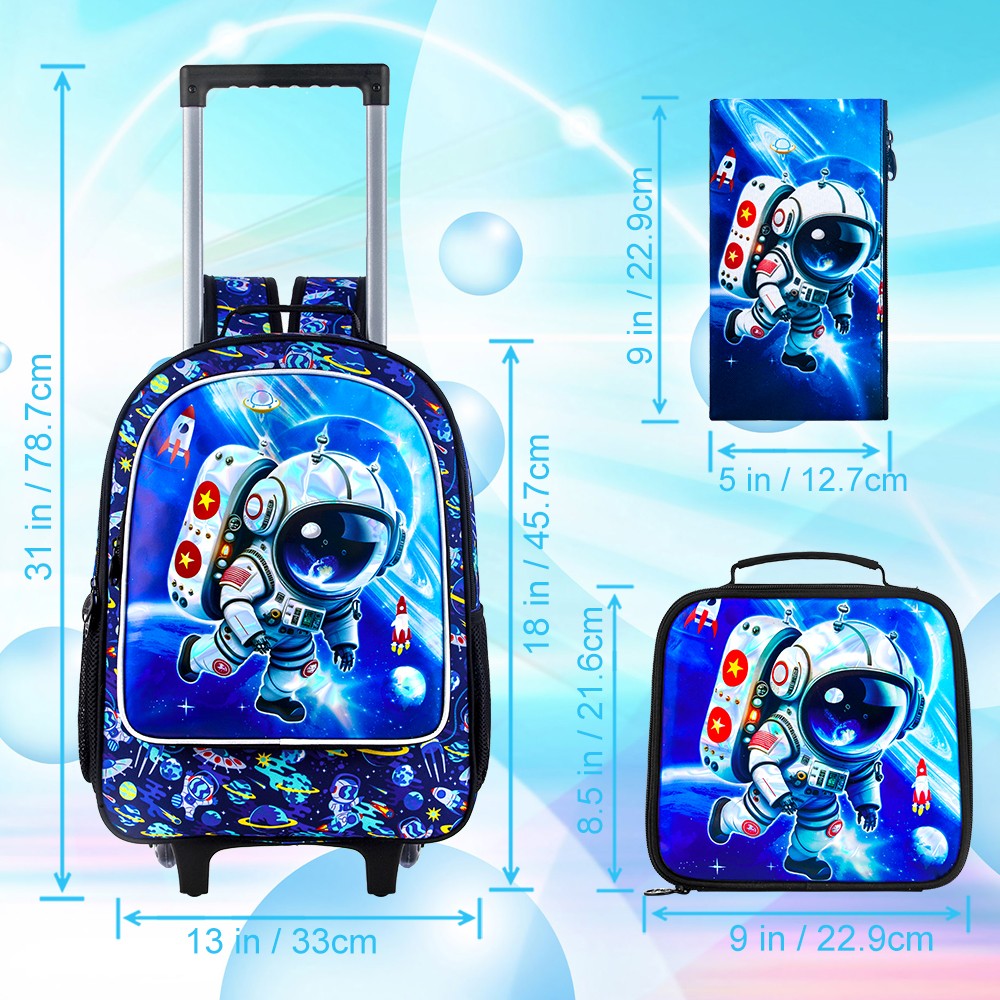 3PCS Rolling Backpack for Girls and Boys, Kids astronaut Wheeled Bookbag