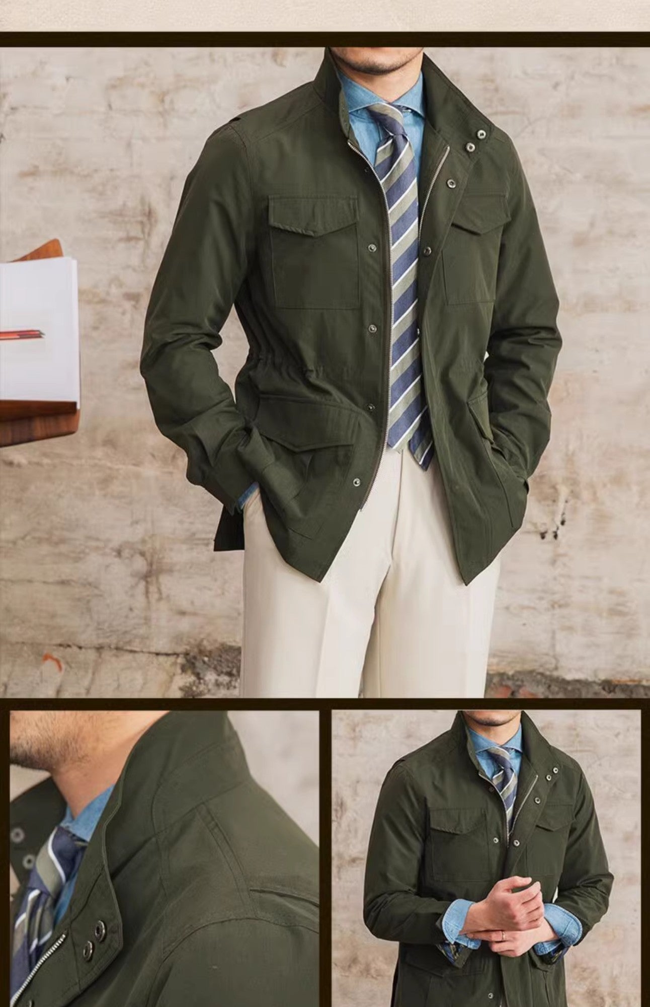 Three Spring and Summer Light Vertical Collar Waist Half Hanging M65 British Jacket Men's Retro Hunting Wear Waterproof Jacket