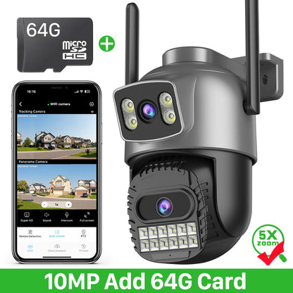 20MP 10K PTZ Wifi Camera Four Lens 10X Zoom Surveillance Camera Outdoor 360°No Dead Angle Ultra Long Range Night Vision Security