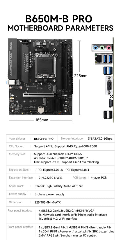 HUANANZHI B650M B PRO AMD AM5 Motherboard Support Ryzen R5 R7 7000 8000 9000 Series M.2 NVME WIFI Dual Channel DDR5 EXPO RAM